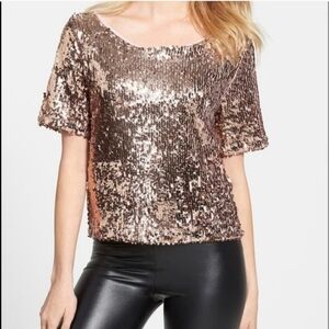Tildon, Sparkly Rose Gold Sequin Wide Neck Crop Top, Metallic Bubble, Size Small